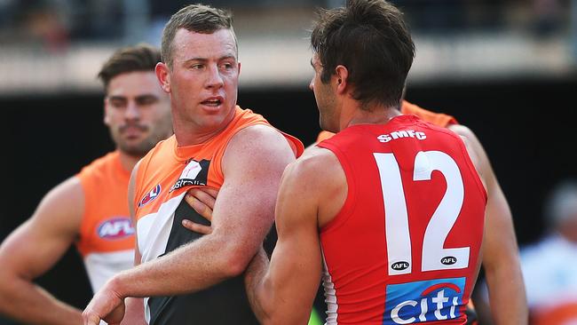 Steve Johnson may be suspended for a bump on Josh Kennedy. Picture. Phil Hillyard