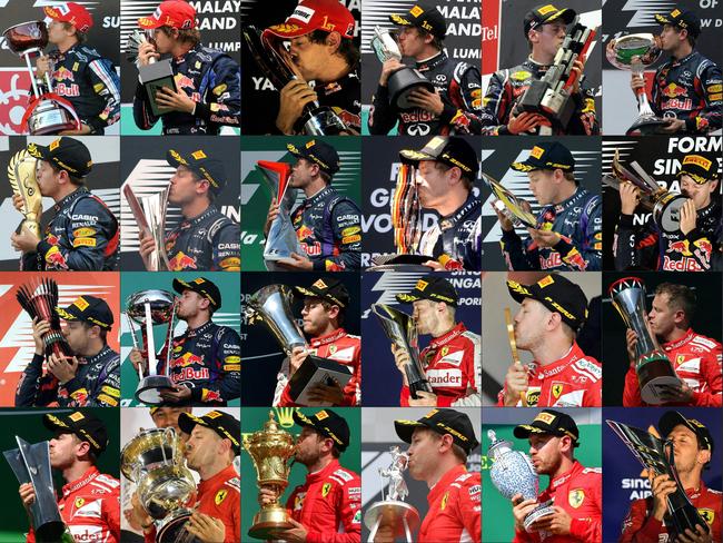 This combination of pictures shows Sebastian Vettel celebrating his F1 victories.