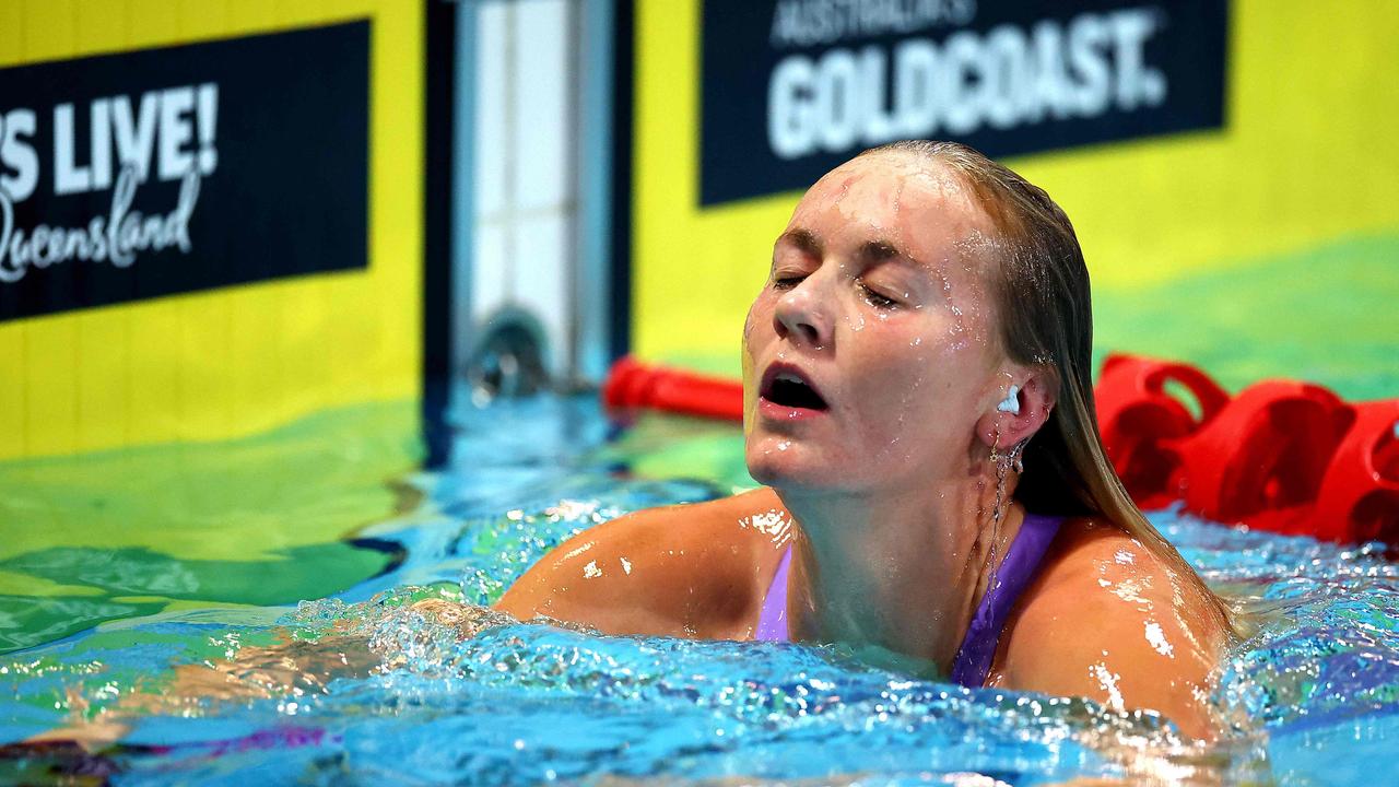 Ariarne Titmus reacts after competing in the final of the women’s 200m freestyle. (Photo by Pat Hoelscher / AFP)