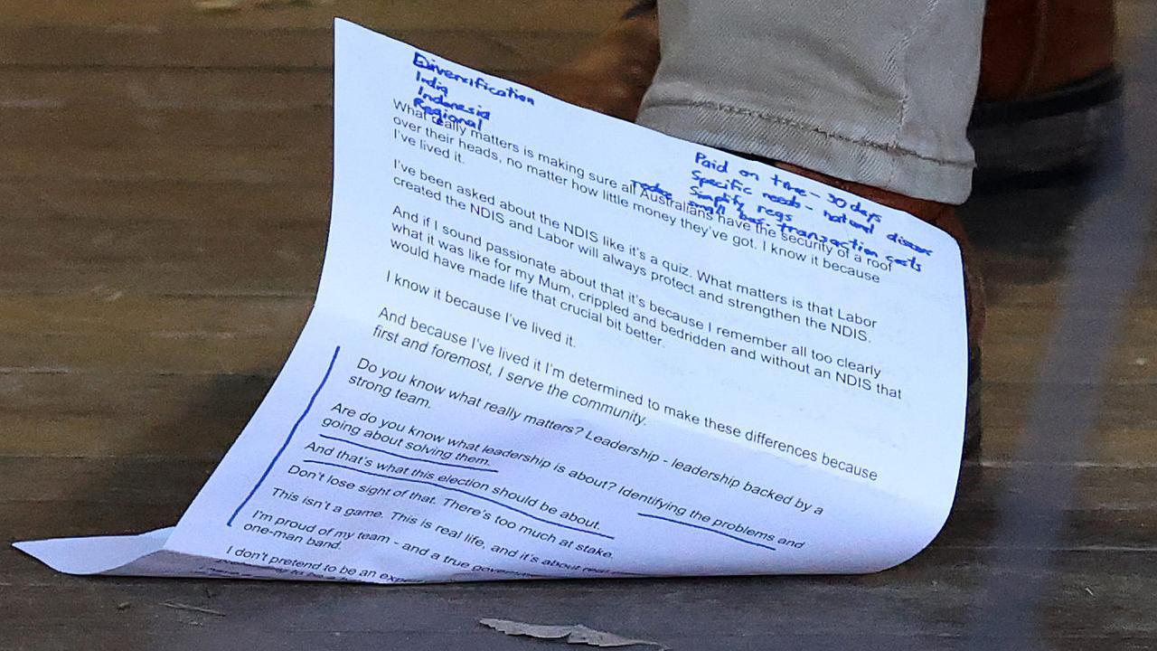 Labor leader Anthony Albanese's notes, which were blown off the lectern during a press conference in Marrickville. Picture: Liam Kidston