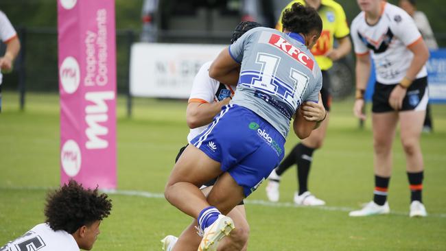 William Sudewa in action for the North Coast Bulldogs against the Macarthur Wests Tigers during round two of the Andrew Johns Cup at Kirkham Oval, Camden, 10 February 2024. Picture: Warren Gannon Photography