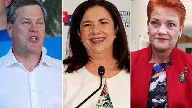 Queensland election rivals: Annastacia Palaszczuk,Tim Nicholls and Pauline Hanson.