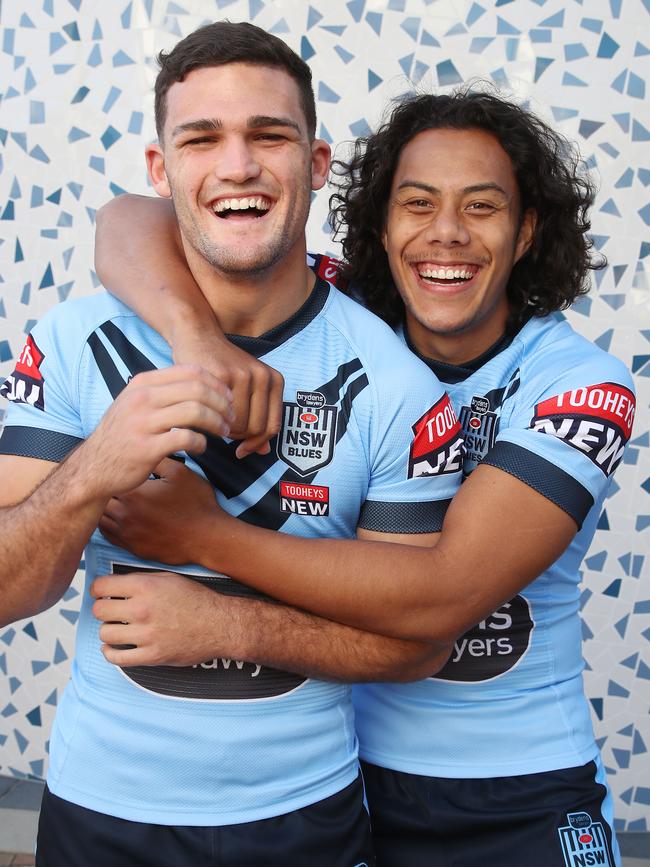 2021: Jerome Luai and Nathan Cleary ahead of their first game together for the Blues. Picture: David Swift