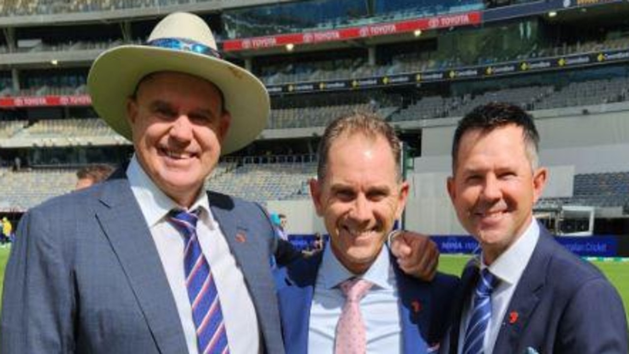 Ricky Ponting (R) with former teammates Matthew Hayden (L) and Justin Langer (M) - part of the Channel 7 commentary team.