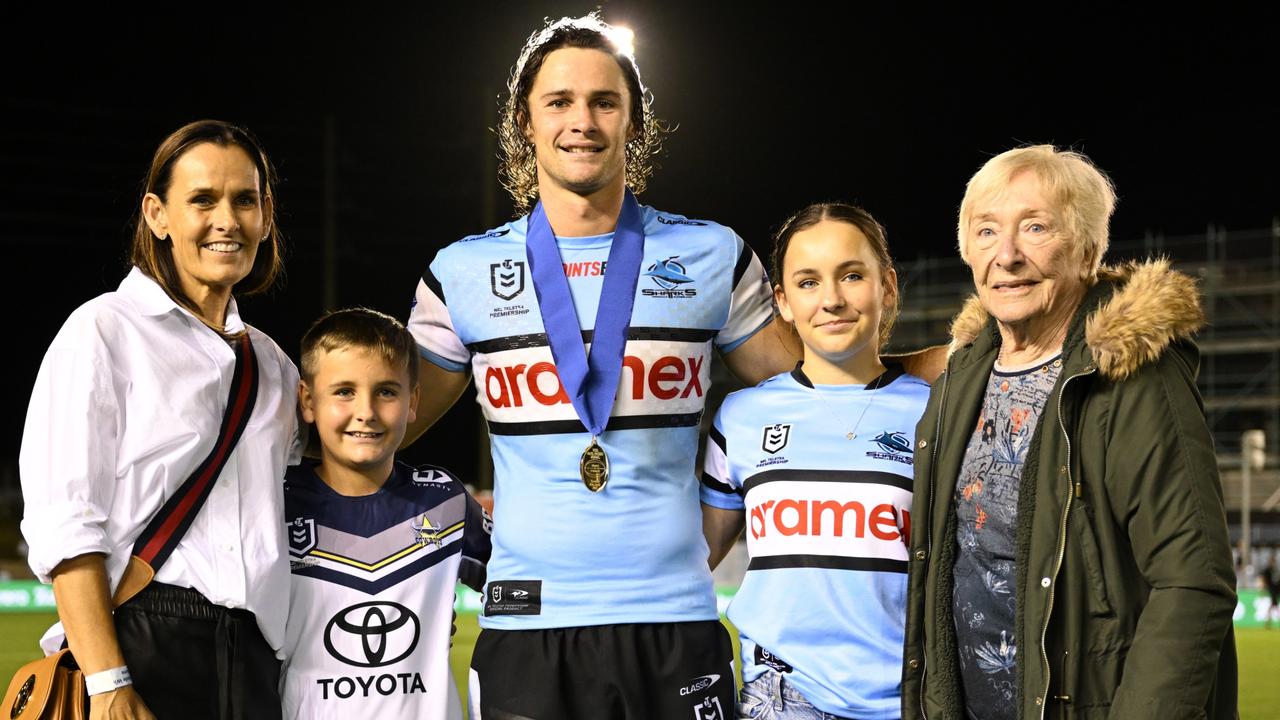 Amanda and Jed, Emerson and Patricia Green with inaugural Paul Green medal recipient Nicho Hynes. Picture: NRL Photos