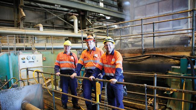 Proserpine Mill's production team senior technical assistant Tom Badger, production superintendent Damien Kelly and assistant production superintendent Jamie Bell, at the end of the 2020 crush. Picture: Wilmar