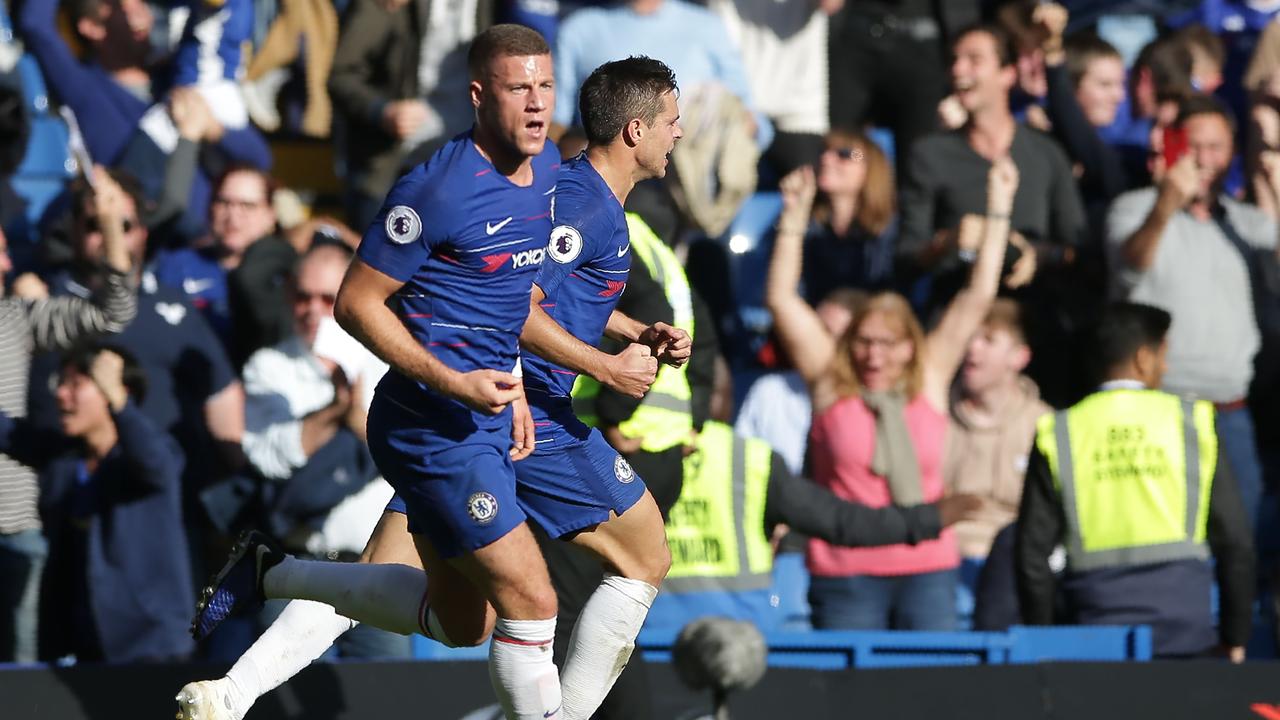 Chelsea's English midfielder Ross Barkley (L) celebrates after scoring their second goal