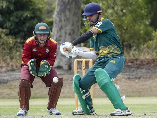 DDCA: West keeper Dylan Diacono and Fountain Gate batter Mustaffa Waseem. Picture: Valeriu Campan