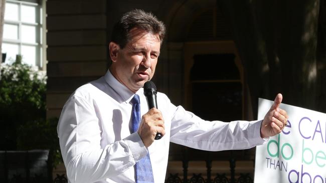 Mark Robinson MP speaks at an Abortion rethink rally outside Parliament House in Brisbane. Picture: Steve Pohlner