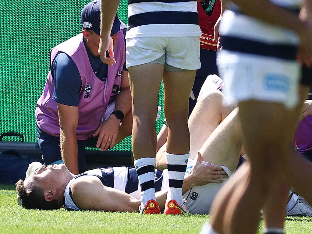 Jeremy Cameron was taken to hospital, but he’s had some good news on the injury front. Picture: Michael Klein