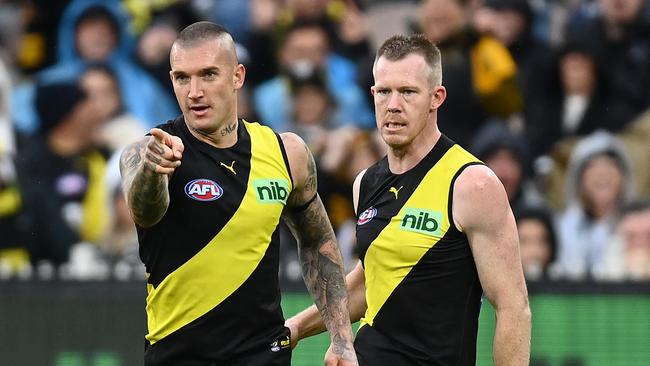 Dustin Martin celebrates a goal in his return game. Picture: Quinn Rooney/Getty Images