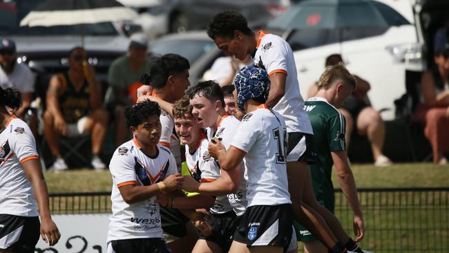 Macarthur celebrates a try. Picture: Warren Gannon Photography. Andrew Johns Cup round one, Macarthur Wests Tigers vs Western Rams at Kirkham Oval, 4 February 2024