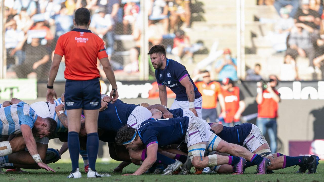 Scotland's Ali Price watches a scrum during the international rugby union match between Argentina and Scotland at Padre Ernesto Martearena Stadium in Salta, Argentina on July 9, 2022. (Photo by Pablo Gasparini / AFP)