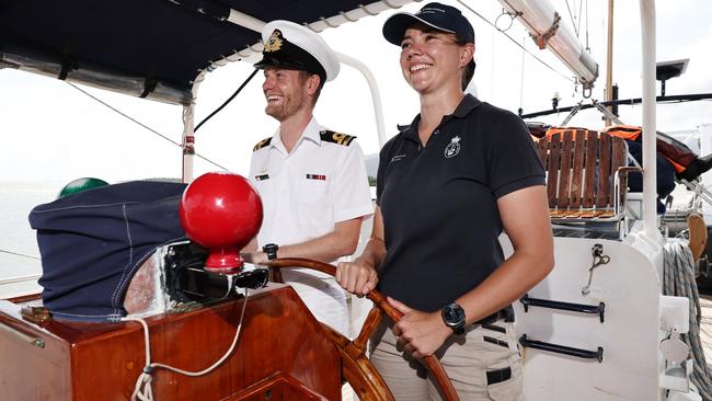 The Sailing Training Ship Endeavour has moored at HMAS Cairns for the navy base's open day to the public, on its final circumnavigation of Australia. STS Endeavour executive officer James Tomlinson will soon hand the position over to Sub Lieutenant Sarah Northey. Picture: Brendan Radke