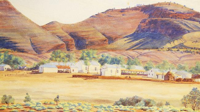 Albert Namatjira’s <i>Hermannsburg Mission with Mount Hermannsburg</i>, 1937. Araluen Art Collection; Courtesy of Namatjira Legacy Trust.