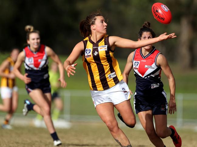 Jayde Van Dyk of Box Hill competes with Melissa Hickey of Darebin during the VFL Womens football match between Darebin Falcons and Box Hill played at Westgarth Street Northcote on Sunday 25th June, 2017. Picture: Mark Dadswell