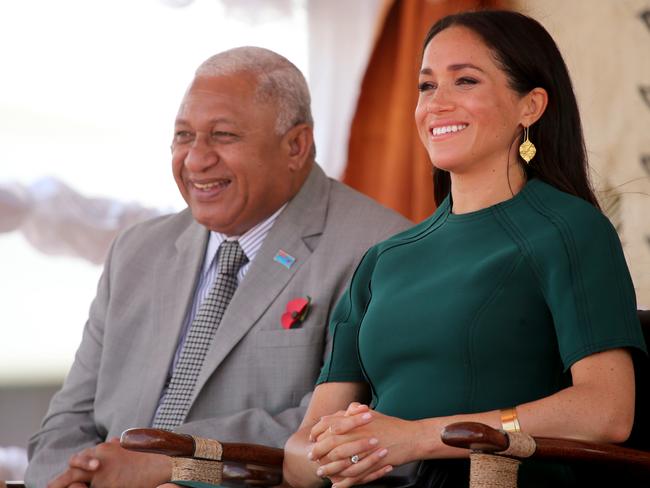 The Duke and Duchess of Sussex Prince Harry and Meghan take part in a traditional fijian ceremony at Nadi Airport in Fiji to . Picture: Nathan Edwards