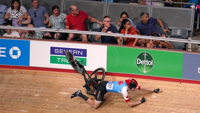 Canada's Derek Gee slides out after the crash in the men's 15km scratch race at the Commonwealth Games. Picture: John Walton/PA Images via Getty Images
