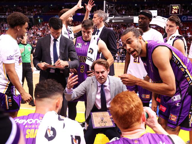 Xavier Cooks speaks to his team at a time out against the Adelaide 36ers. Picture: Mark Kolbe/Getty Images