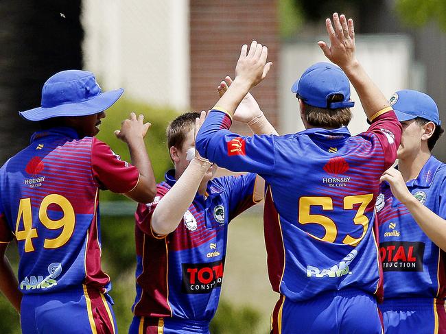 Northern District’s celebrate as Lachlan Bartlett dismisses Blacktown's Ansh Lad LBW. Picture: John Appleyard