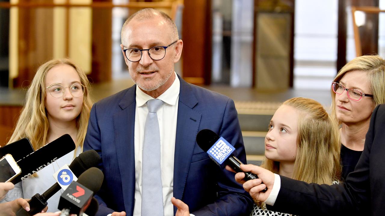 Former South Australia premier Jay Weatherill speaks to the media as his family watches on in 2018, announcing the end of his 16-year political career. Picture: AAP Image/Sam Wundke