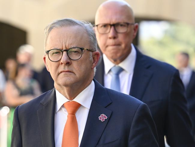 CANBERRA, AUSTRALIA  - NewsWire Photos - February 3, 2025:  Prime Minister Anthony Albanese and Leader of the Opposition Peter Dutton during the last post ceremony at the Australian War Memorial in Canberra. Picture: NewsWire / Martin Ollman