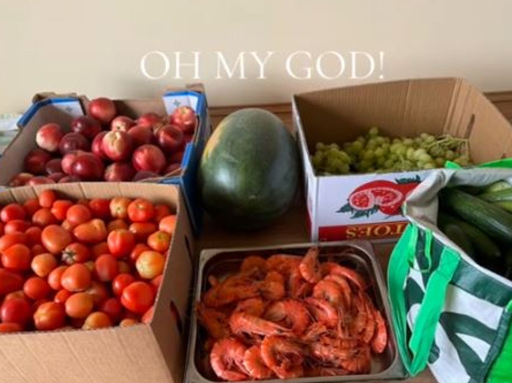 Her entire $50 haul, including tomatoes, nectarines, a watermelon, prawns, grapes and cucumbers. Picture: TikTok/InMyMind12