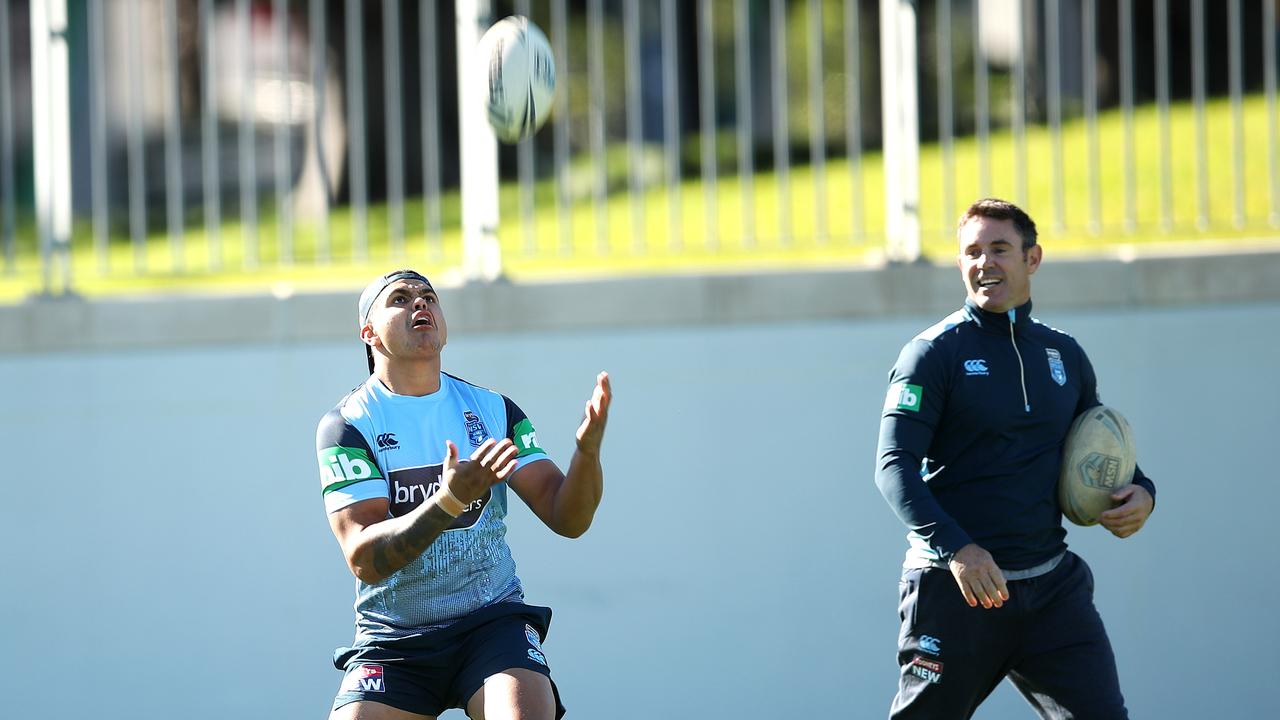 Latrell Mitchell with coach Brad Fittler in NSW training ahead of Origin I. Picture: Phil Hillyard.