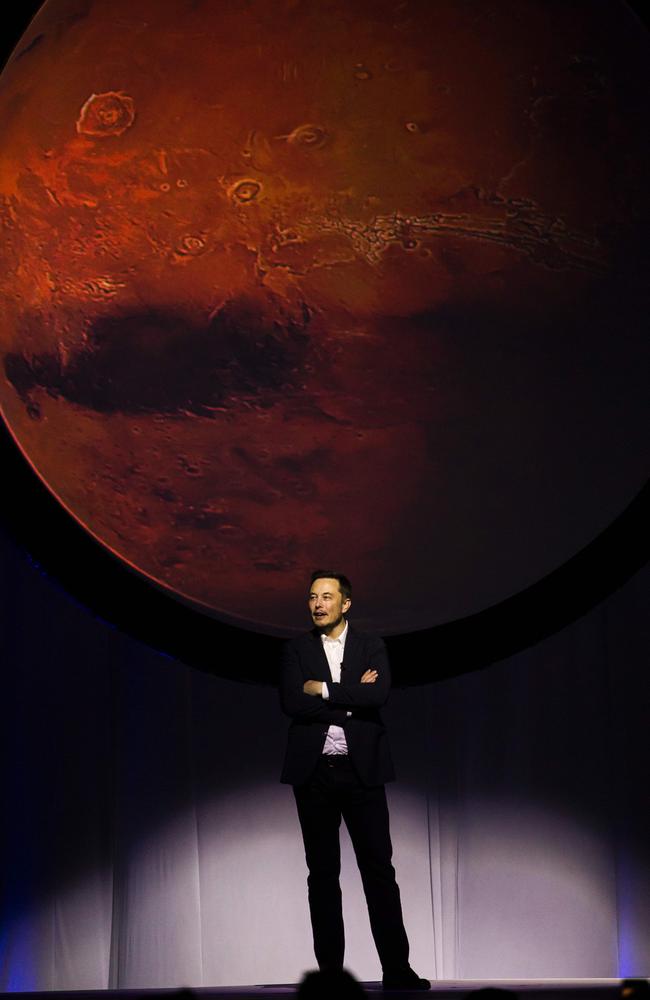 Tesla Motors CEO Elon Musk speaks about the “Interplanetary Transport System” which aims to reach Mars with the first human crew. Picture: AFP