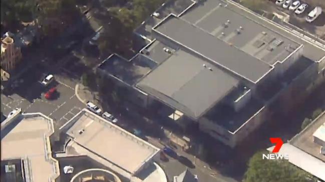 A Channel 7 helicopter view of the Parramatta court precinct, which was in lockdown after a bomb threat.