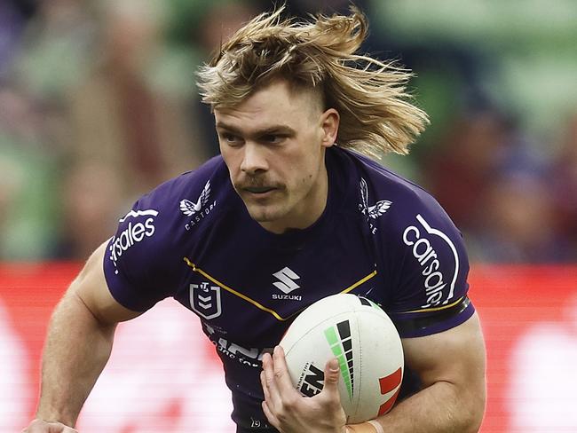 MELBOURNE, AUSTRALIA - AUGUST 26: Ryan Papenhuyzen of the Storm runs with the ball during the round 26 NRL match between Melbourne Storm and Gold Coast Titans at AAMI Park on August 26, 2023 in Melbourne, Australia. (Photo by Daniel Pockett/Getty Images)