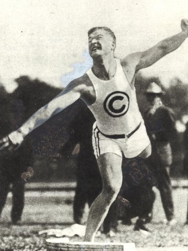 Avery Brundage competing in the shot put section of the decathlon at the Stockholm Olympics in 1912.