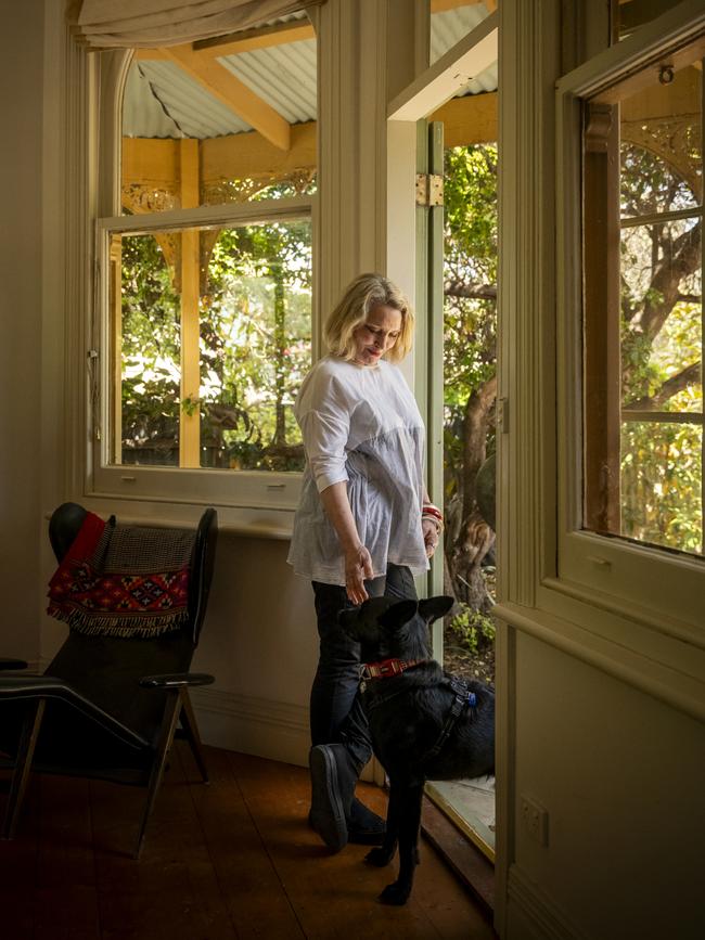 Robyn Davidson at home in Victoria with her dog Diggity. Picture: Sean Davey