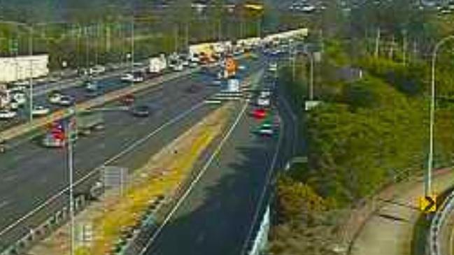 Southbound traffic near Daisy Hill on the Pacific Motorway came to a standstill just before 7am on Thursday after a two-car collision near Loganholme. Pictures: TMR