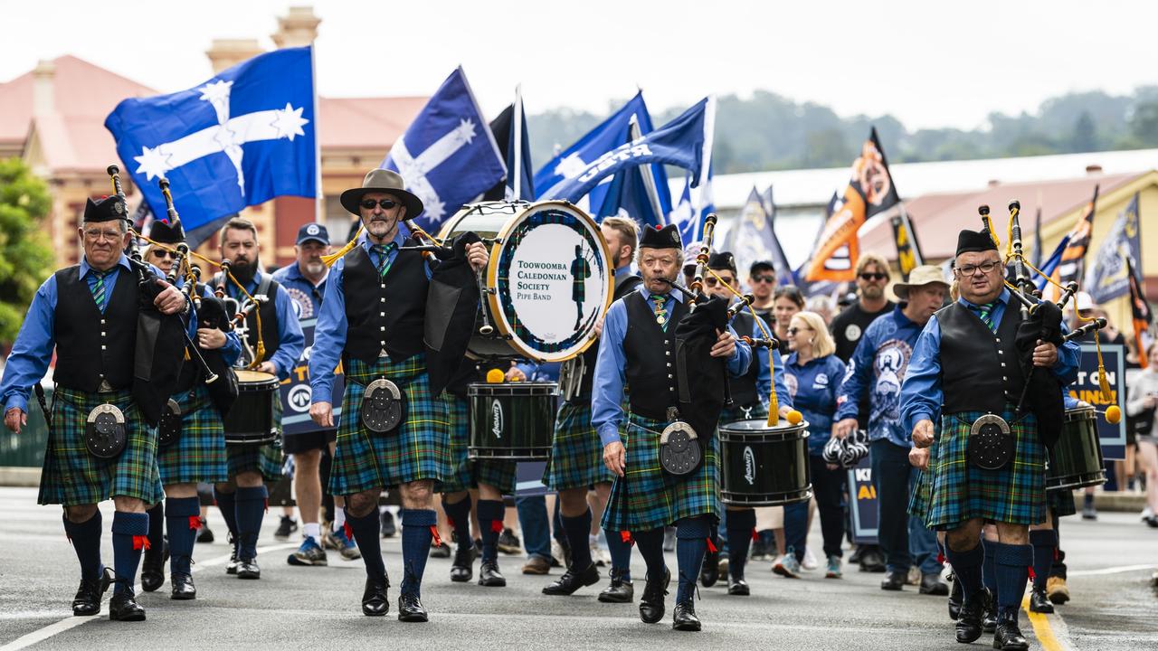 Toowoomba Caledonian Society Pipe Band lead the Labour Day 2022 Toowoomba march, Saturday, April 30, 2022. Picture: Kevin Farmer