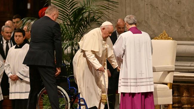 Pope Francis arrives to lead a mass at St Peterâ&#128;&#153;s basilica for the Feast of Our Lady of Guadalupe on December 12, 2023 in The Vatican. (Photo by Andreas SOLARO / AFP)