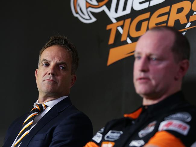 Wests Tigers CEO Justin Pascoe and new coach Michael Maguire speak during a press conference at Concord Oval, Sydney. Picture: Brett Costello