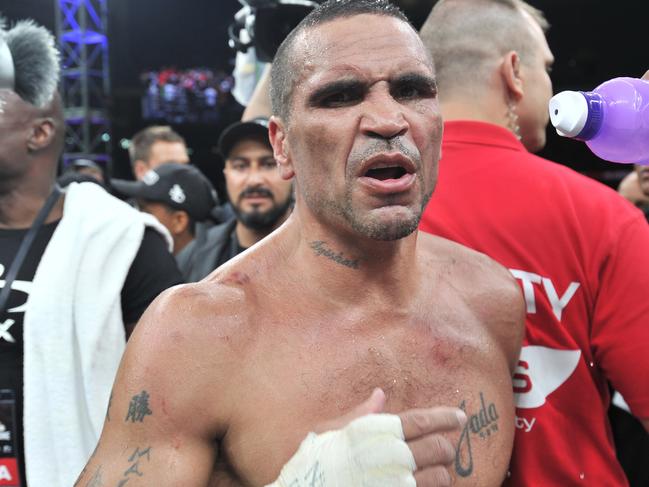 Anthony Mudine after his loss during the Boxing fight night between Anthony Mundine and Danny Green at the Adelaide Oval in Adelaide, Friday, Feb. 3, 2017.  (AAP Image/David Mariuz) NO ARCHIVING, EDITORIAL USE ONLY