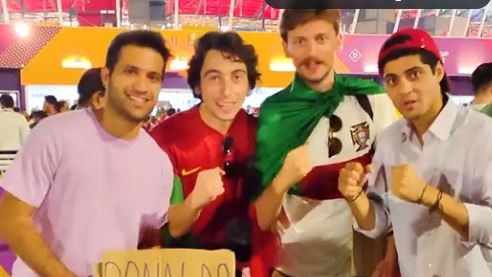 Four friends who hitchhiked from Portugal to Doha. Picture: FIFA WC/Twitter.