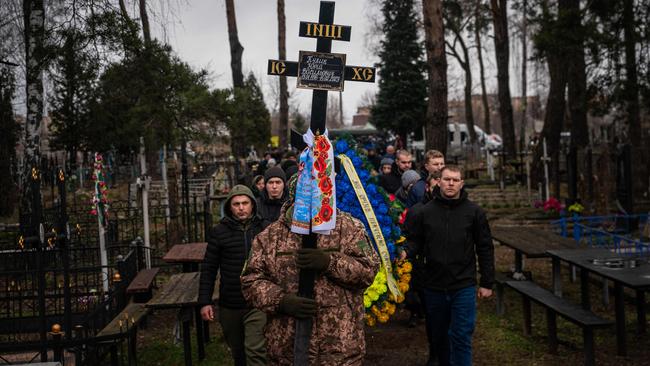 The funeral for Ukrainian serviceman Yurii Kulyk, 27, killed in Donetsk region, in Kalynivka, near Kyiv. Picture: AFP