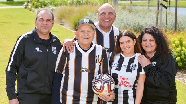 Four generations of Adelaide City/Juventus players from the Di Bartolo family — Anthony, Charlie, Ian, Daniela and Franca Di Bartolo. Picture: AAP/Brenton Edwards