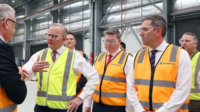 Prime Minister Anthony Albanese, Minister for Defence Industry Pat Conroy and Treasurer Jim Chalmers during a visit to the Rheinmetall factory in Ipswich. Picture: NCA NewsWire/Tertius Pickard