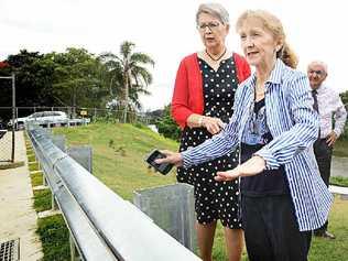 DONE: Page MP Janelle Saffin outlines the benefits of the levee, with Lismore MP Thomas George and Mayor Jenny Dowell. Picture: Marc Stapelberg