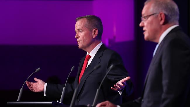 Labor leader Bill Shorten and Prime Minister Scott Morrison during the third and final leaders’ debate on Wednesday night. Picture: Liam Kidston