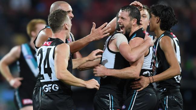 Travis Boak after kicking a third quarter goal as Port Adelaide fought back from a 34-point deficit, but in the end couldn’t sustain their late surge. Picture: Mark Brake/Getty Images