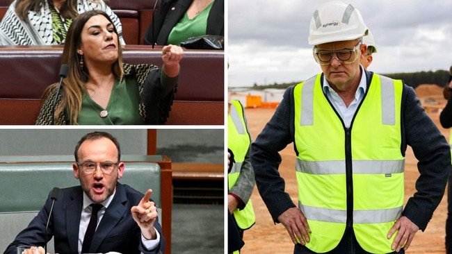 Independent Lidia Thorpe, Greens leader Adam Bandt and Prime Minister Anthony Albanese.