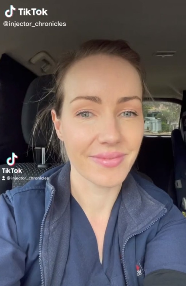 Katie, a nurse who works in the paediatric emergency department of a NSW hospital, shared footage of her face before and after a 12-hour shift. Picture: TikTok/injector_chronicles