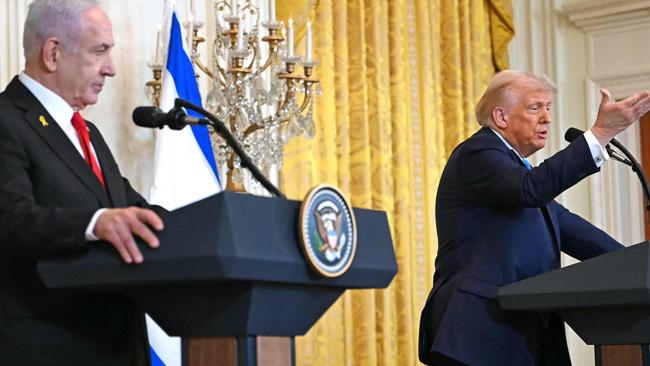 US President Donald Trump (R) and Israel's Prime Minister Benjamin Netanyahu hold a press conference in the East Room of the White House in Washington, DC, where Trump declared his wish to take over Gaza. Picture: Andrew Caballero-Reynolds