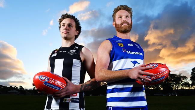 Hahndorf’s Cooper Nykamp and Mount Barker’s Ross Brooks will face off in the annual Hills Football League Anzac Day match. Picture: Mark Brake