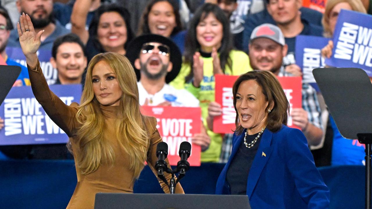 US singer Jennifer Lopez (left) greets US Vice President and Democratic presidential candidate Kamala Harris during a campaign rally in Las Vegas, Nevada. Picture: David Becker/AFP